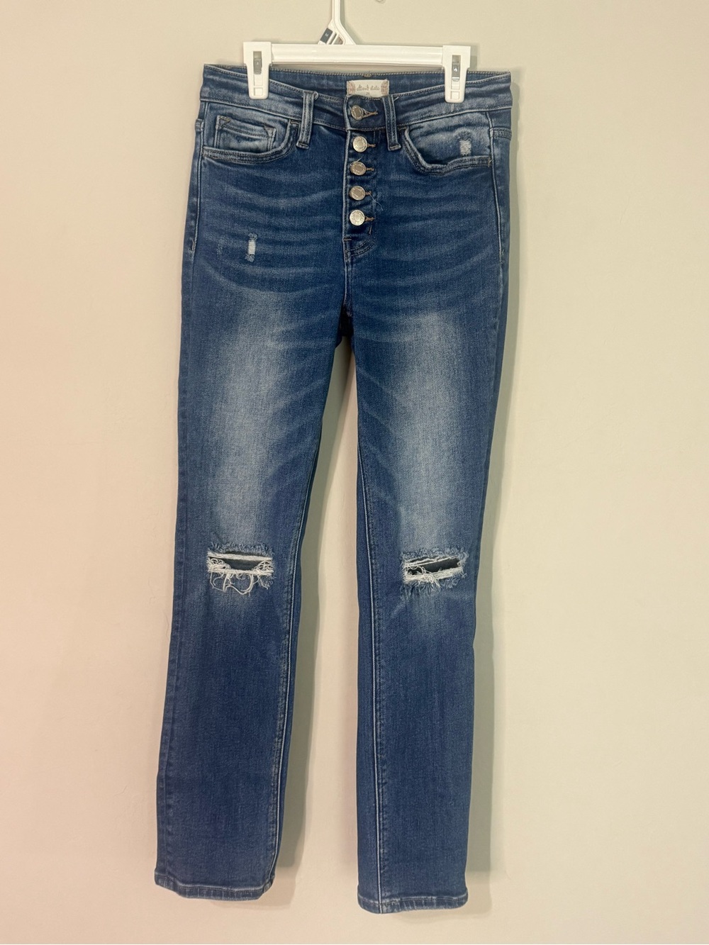 Women’s Straight-Leg Distressed Jeans in Dark Blue with Button Fly Vervet